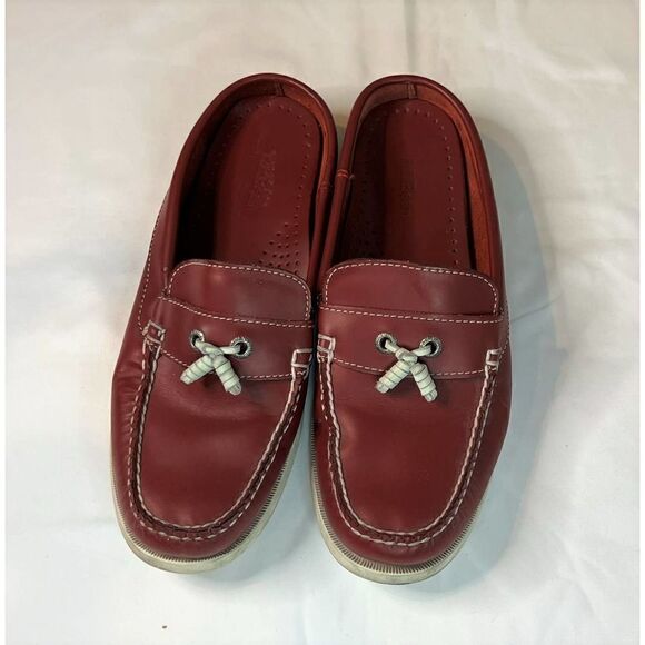 L.L. Bean Womens Sz 8 1/2 M Red Leather Slip On Loafers Mules - Picture 1 of 5